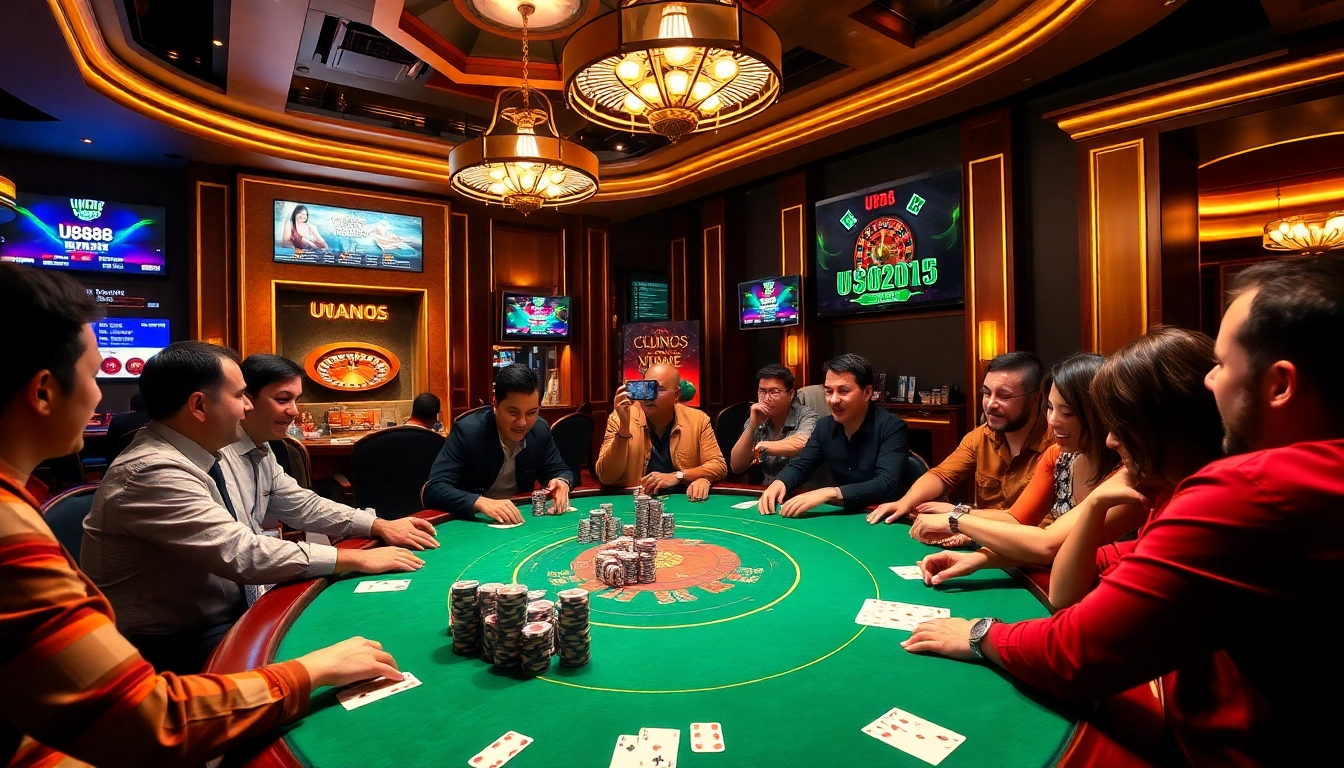Engaging poker players at U8888 Casino with vibrant gaming atmosphere and thrilling action.