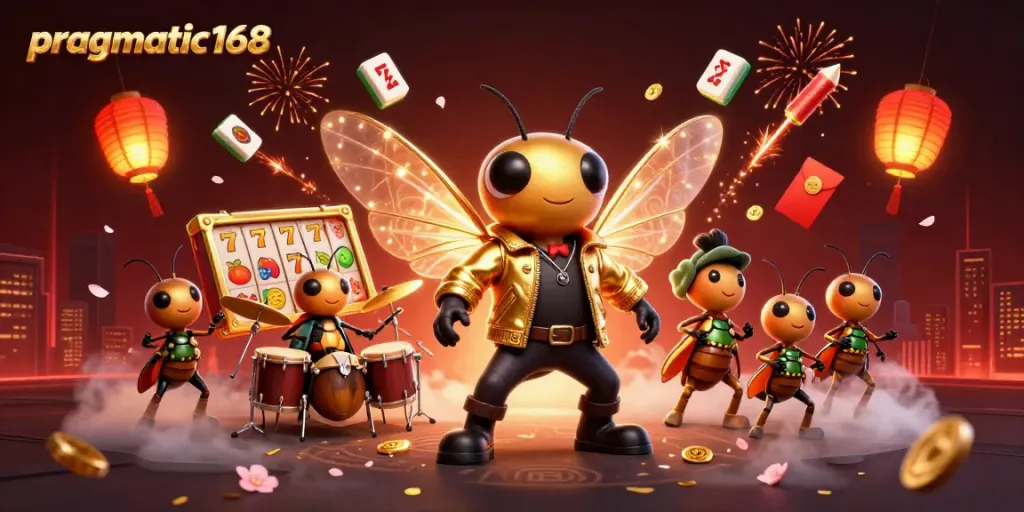 Spin the reels at pragmatic168 with vibrant slot symbols, an exciting cartoon scene.