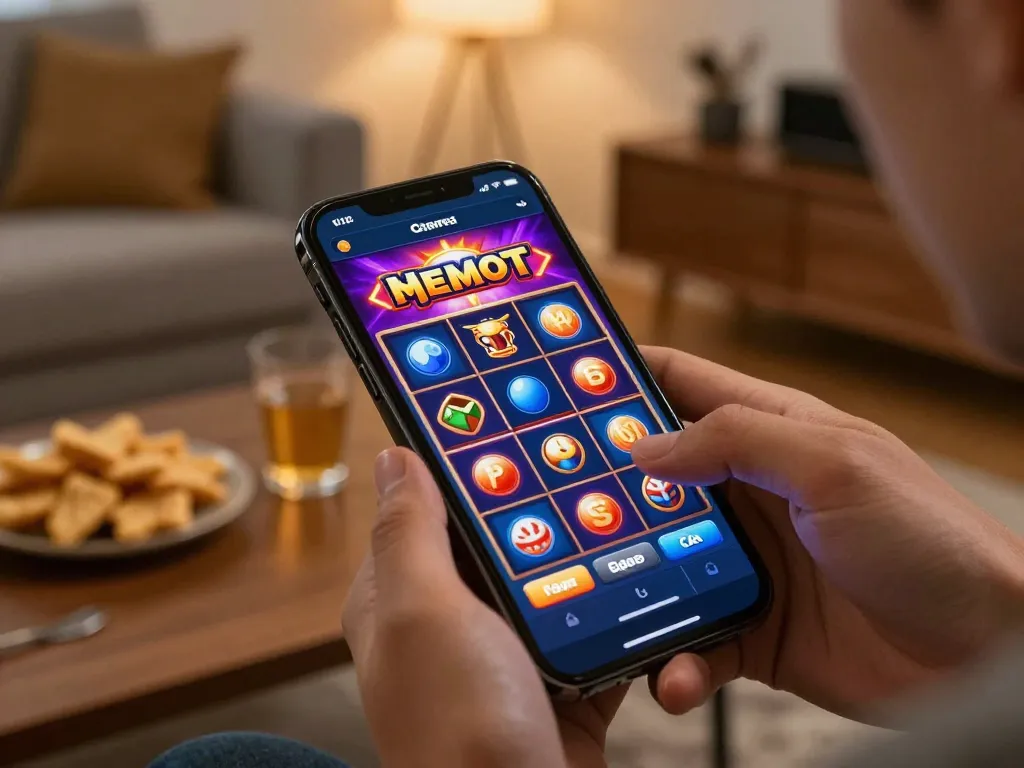 Agen Slot88 gamer enjoying a slot game on their smartphone in a cozy home setting