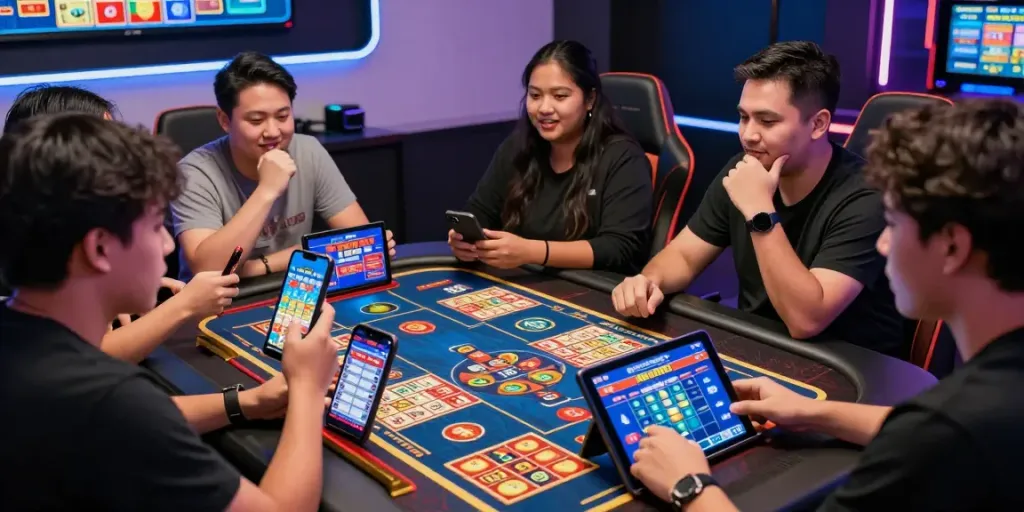 Enthusiastic players engaging in Bandar Togel 4D online lottery, showcasing an interactive gaming atmosphere.