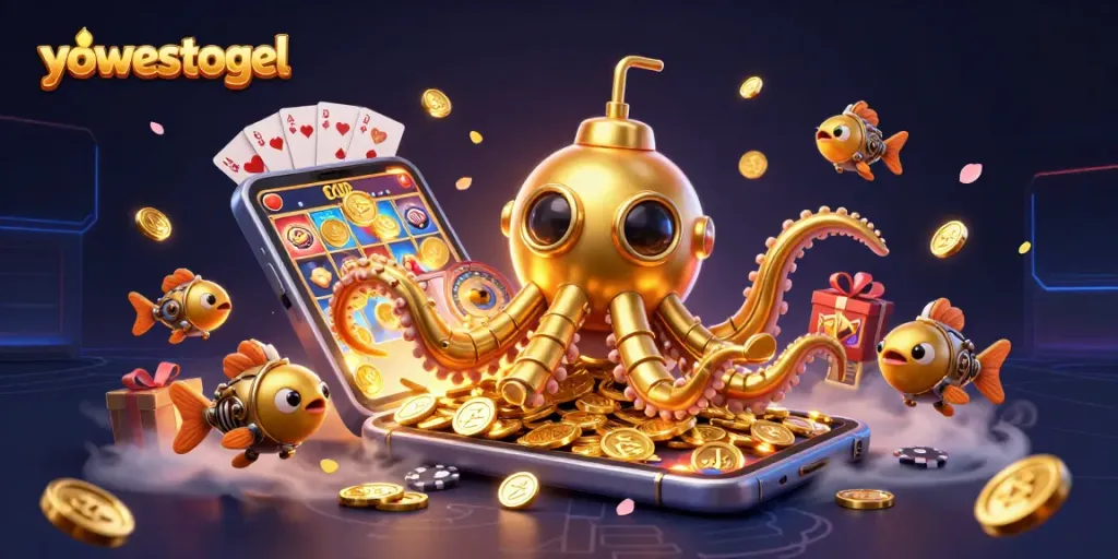 Play yowestogel as a golden kraken submarine emerges from coins, surrounded by engaging game elements.