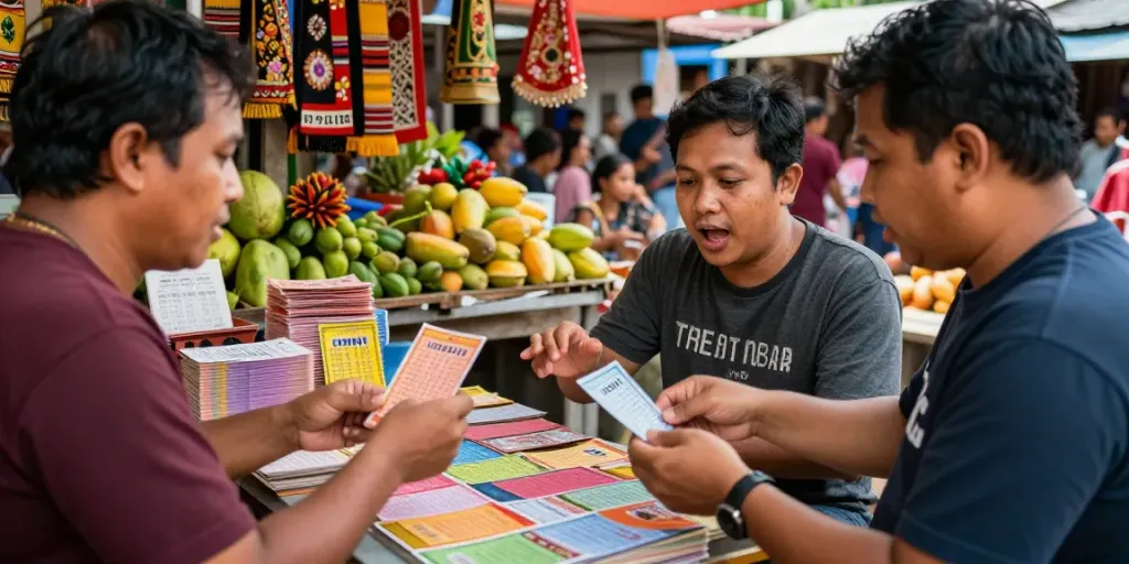 Ratutogel saat pembelian tiket lotere di pasar ramai dengan vendor dan tiket berwarna-warni.