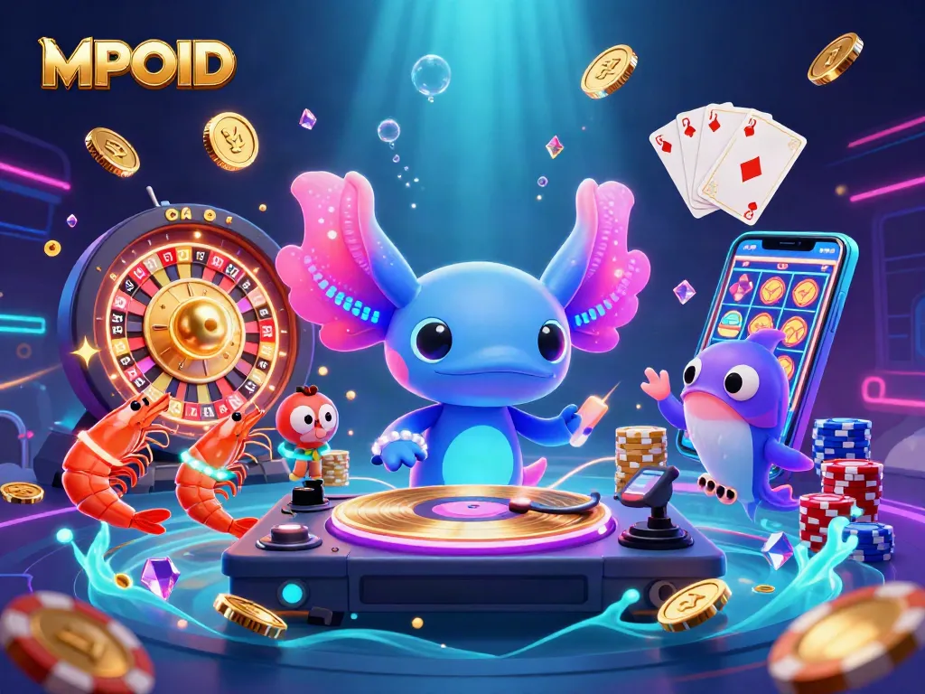 MPOID showcases an energetic underwater casino scene with a vibrant DJ, shrimp dancers, and captivating slot action.