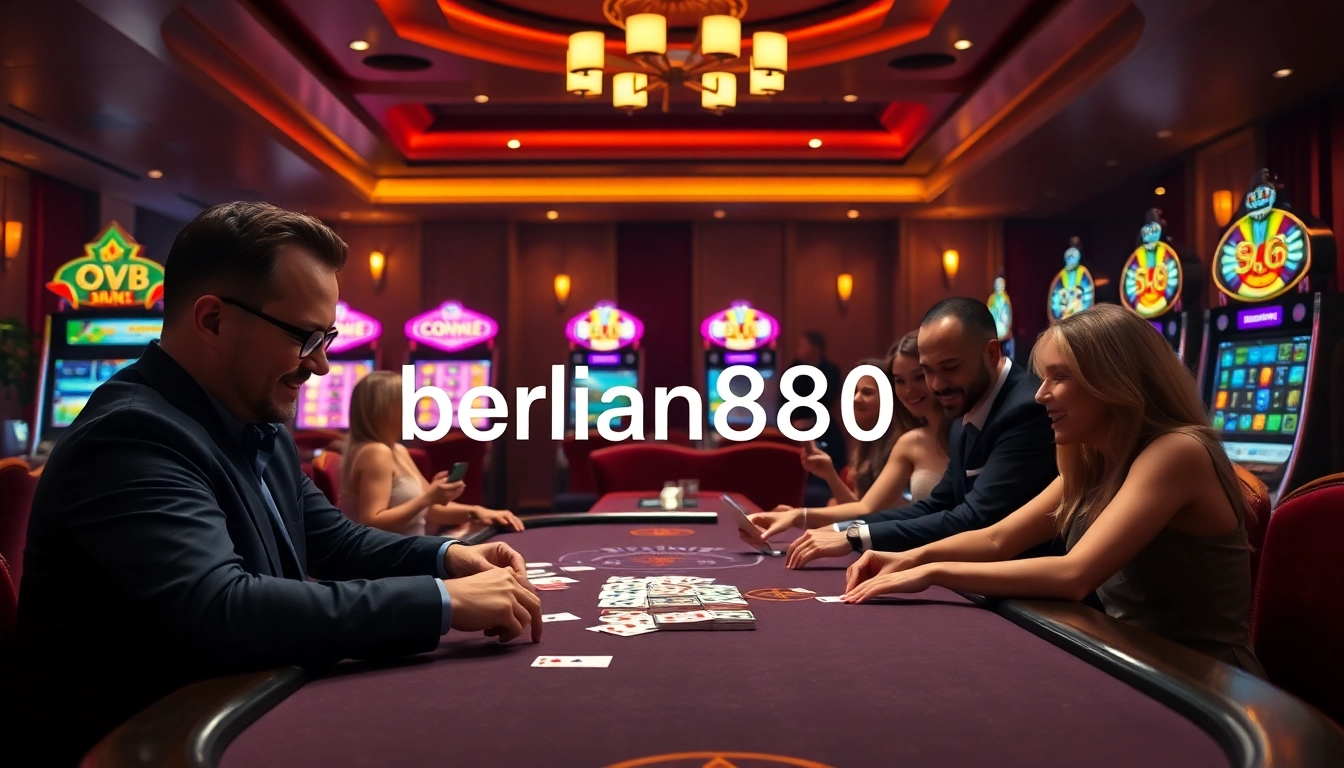 Experience the excitement of berlian888 login with vibrant casino scenes showcasing dealers and slot machines.