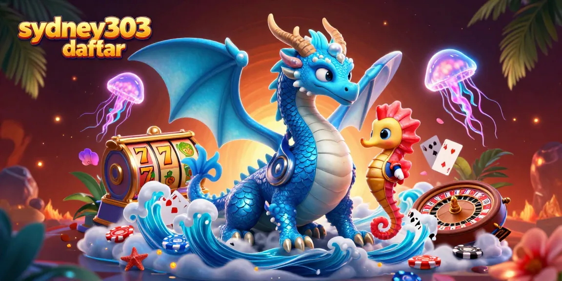Visual menarik dari sydney303 daftar dengan naga air berputar slot penuh keberuntungan dan kartu poker.