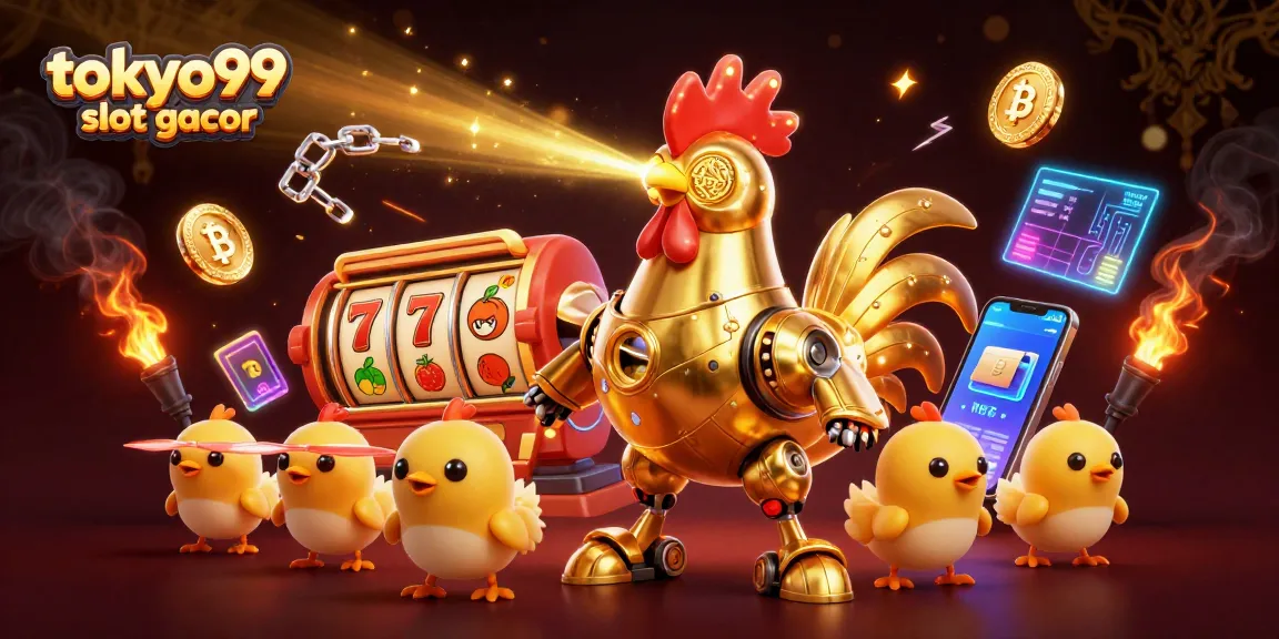 Melihat desain visual dinamis "tokyo99 slot gacor" dengan simbol slot yang memukau dan karakter robot unggas.