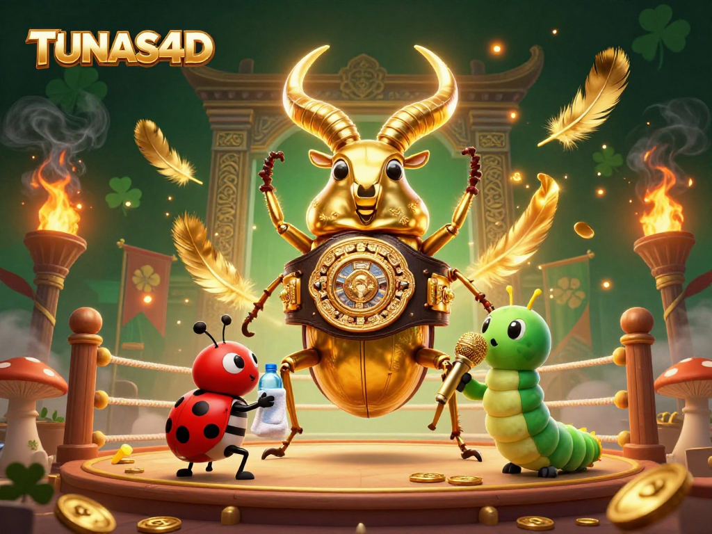 TUNAS4D features a vibrant 3D scene of a golden stag beetle in a boxing match surrounded by gaming elements.
