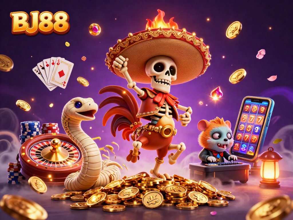 BJ88 showcases a vibrant 3D scene of a mariachi rooster winning amidst cascading coins and a spinning roulette wheel, highlighting the excitement of online gaming.
