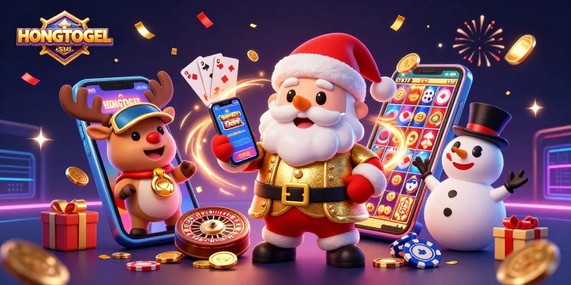 Menghadirkan HONGTOGEL, Santa yang merayakan jackpot permainan dengan smartphone dan karakter kasino lainnya.
