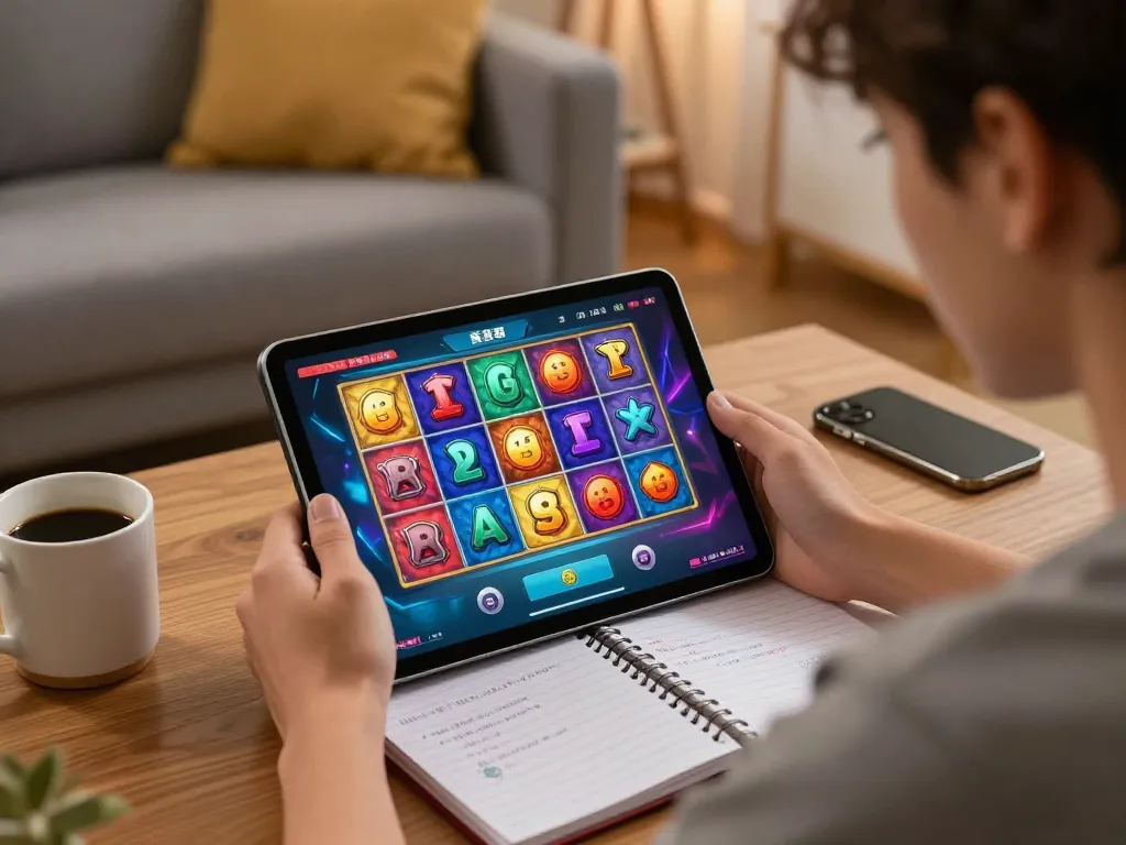 Engaging scene of online slot gacor action with player using tablet in cozy home environment.