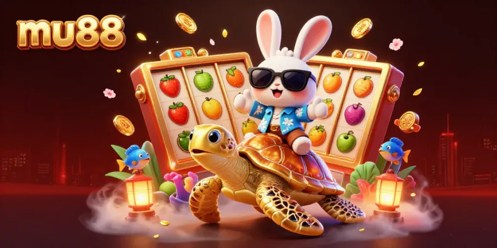 Experience the excitement of mu88 with a joyful rabbit and a golden turtle amidst casino symbols.