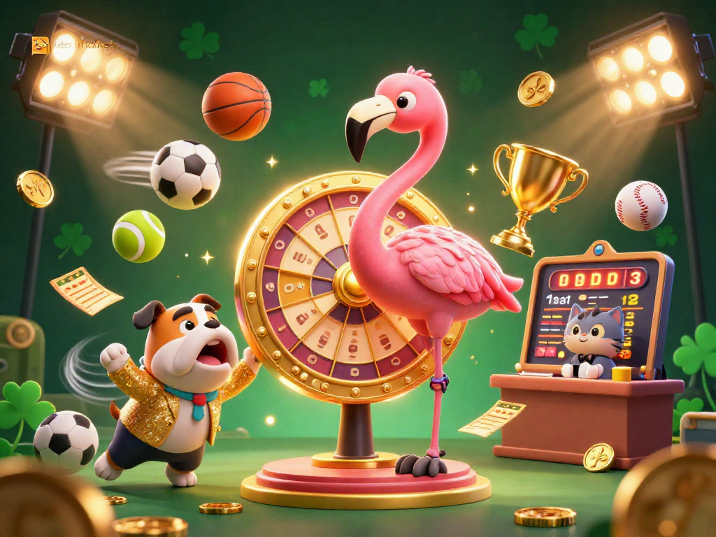 Engage with kèo nhà cái as a cartoon flamingo host spins a prize wheel with sports themes.