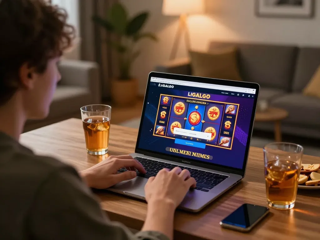 LIGALGO Login on a laptop with vibrant slots displayed, showcasing online gaming experience.