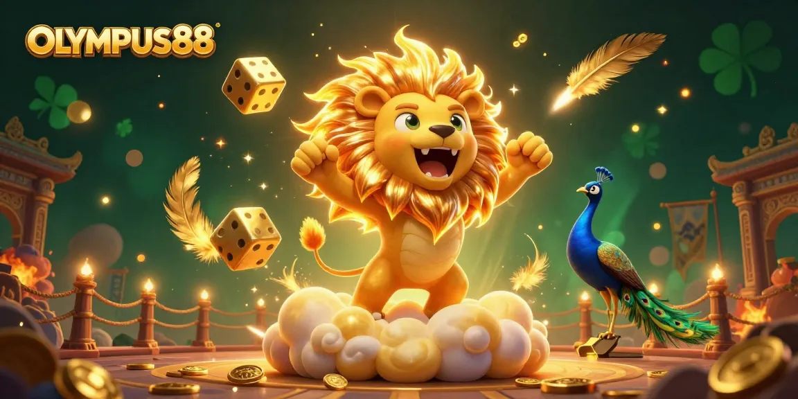 OLYMPUS88 menampilkan singa matahari 3D dan dadu emas terbang di arena perjudian dengan efek cahaya dramatis.