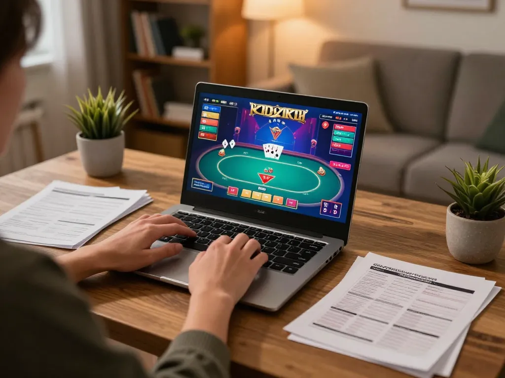 LGO99 player engaging in poker game strategy on laptop in cozy home environment
