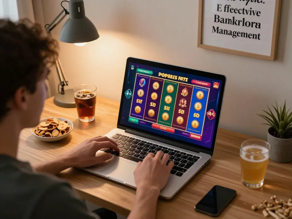 Player enjoying a situs slot game on a laptop in a cozy home office, emphasizing strategic gambling.