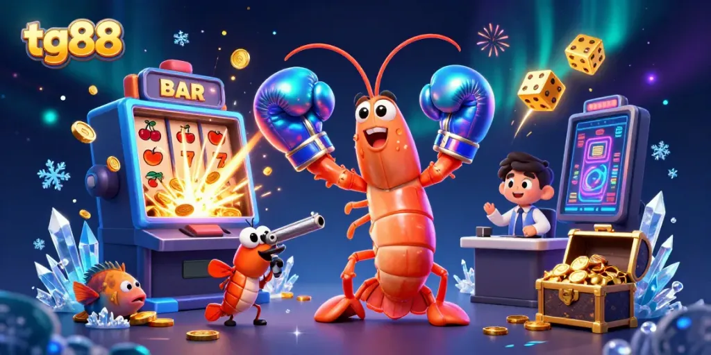 Experience excitement with tg88 as cartoon shrimp characters celebrate a slot machine jackpot