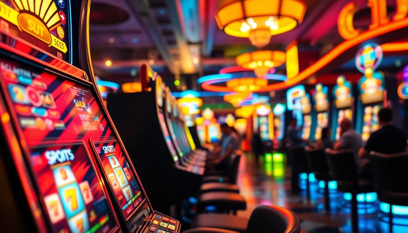 Slot game excitement captured in a vibrant casino environment, showcasing players and machines.