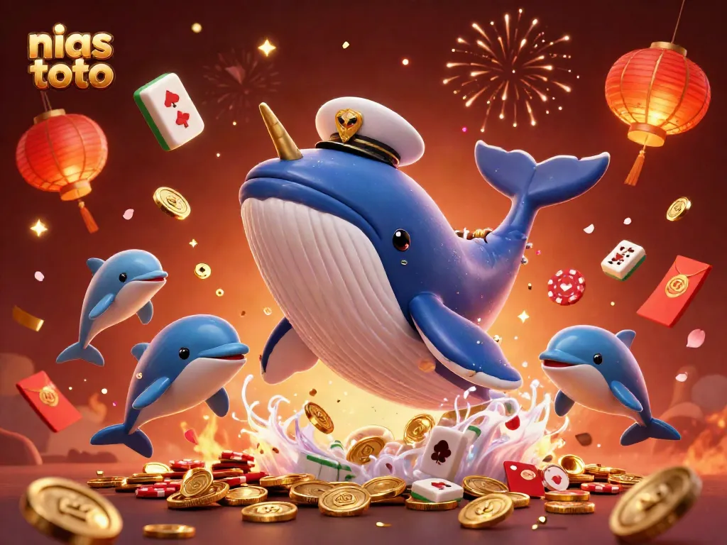 Ilustrasi nias toto dengan ikan paus raksasa dan delfin bermain chip poker di lautan koin.