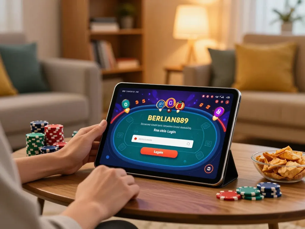 Engaging in online gaming with BERLIAN889 Login shown on tablet, cozy home setting.