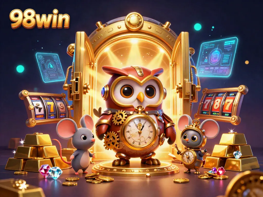 Experience the thrill of 98win with a vibrant, animated casino scene featuring a time-traveling owl.