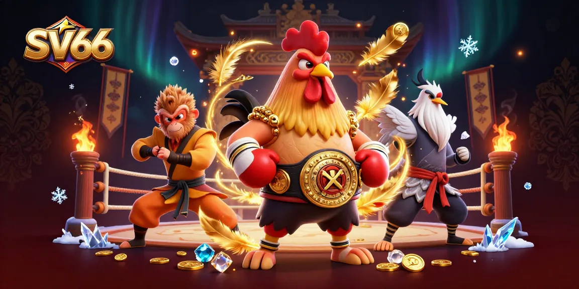 SV66 showcases a vibrant gambling scene with a Muay Thai rooster, Shaolin monkey, and crane master amidst casino elements.