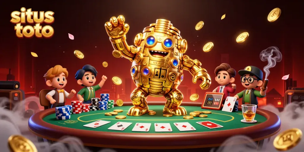 Engage in situs toto with a vibrant casino scene featuring a golden golem and poker elements.