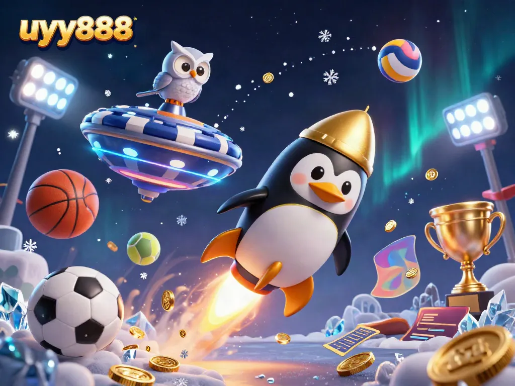 Experience thrilling moments with uyy888 as the golden penguin rockets through a vibrant casino-themed space!