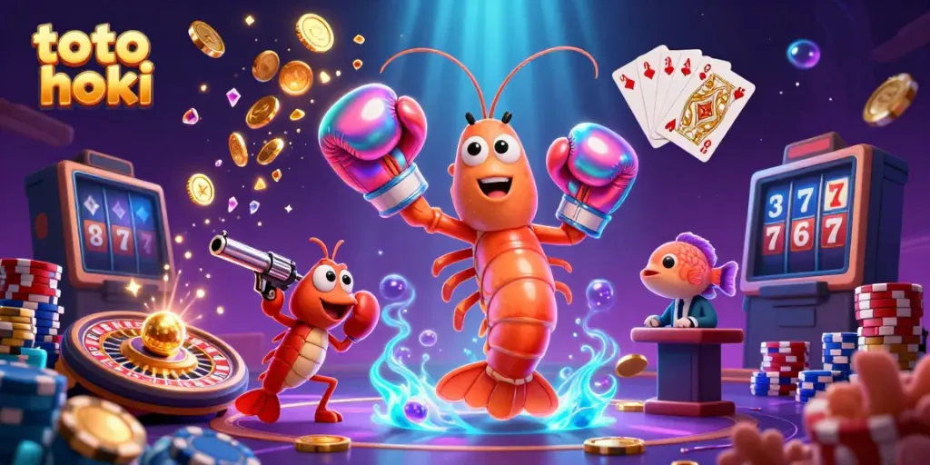 Mantaro shrimp dengan sarung tangan tinju mempromosikan toto hoki, dikelilingi koin emas dan kartu bermain.